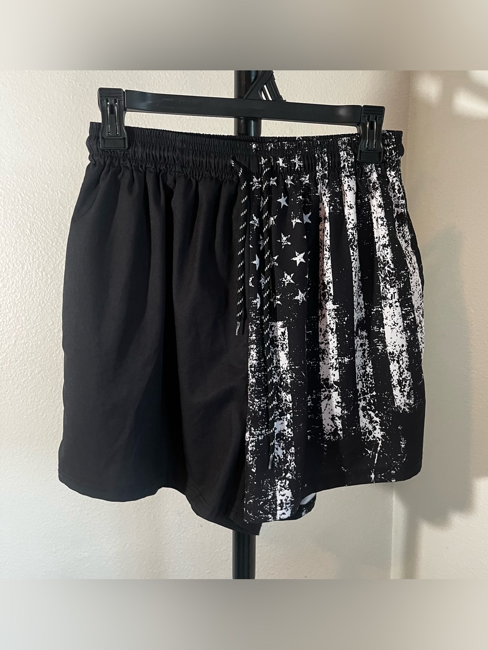 Men's Black Athletic Shorts with Distressed Flag Print